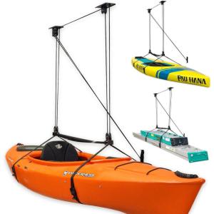 image:imageStoreYourBoard Kayak and Canoe Ceiling Hoist  Overhead Garage Storage Rack for Kayaks Canoes and Paddle Gear  Heavy Duty Pulley System Indoor Ceiling Mount10 Ft  14 Ft Ceiling