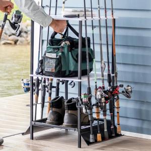 image:imageStoreYourBoard Garage Fishing Pole Organizer Holds 10 Fishing Rods Tackle Box Poles SpaceSaving Fishing Rod Rack with Shelves 35 in x 1775 in x 1775 in